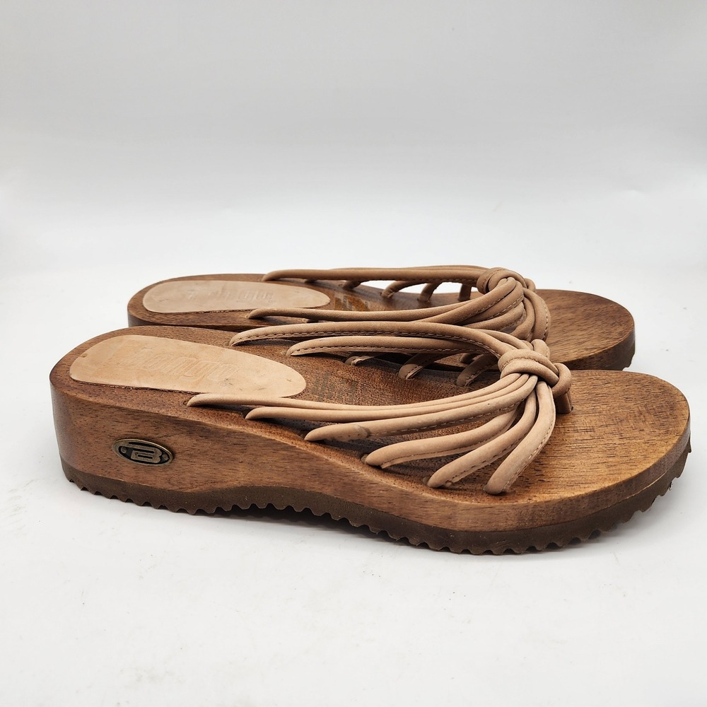 Bongo Vintage Y2K Wooden Platform Sandals Women's 8M Tan Leather Strappy Wedge